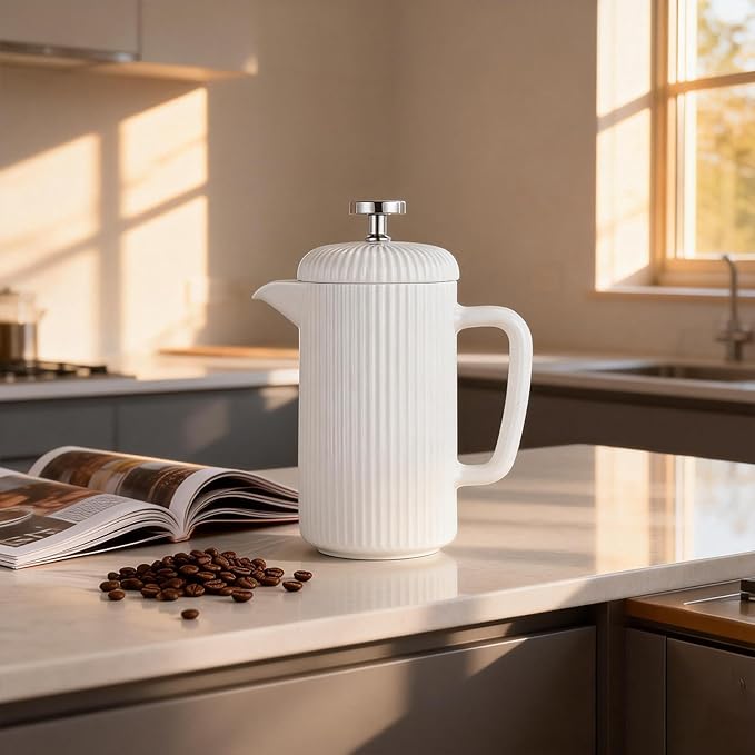 Easyworkz Porcelain French Press 22 fl oz, Coffee Tea Maker with Stainless Steel Plunger, Ivory