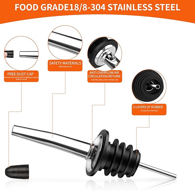 48PACK Stainless Steel Pourers Spouts for Liquor Bottles,Liquor Pour Spout With Dust Caps,Bottle Pourers for Alcohol, Olive Oil - Speed Pourers, Bar Bartender Accessories