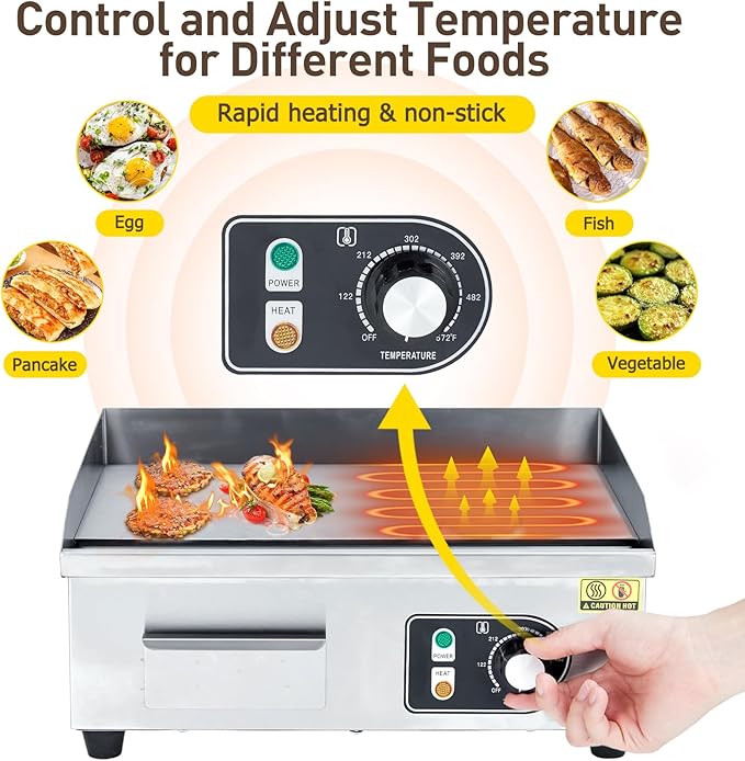 GarveeTech 14 in Electric Griddle for Perfect Cooking - Non-Stick Grill Plate, Adjustable Temperature Control 122°F-572°F, High Power 1600W, Commercial Grade, Easy Cleaning.