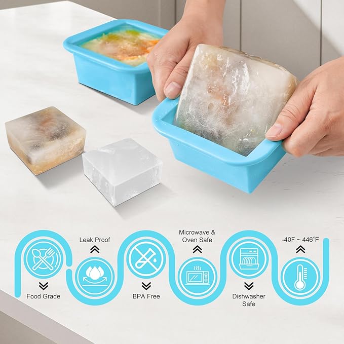 Silicone Freezer Tray with Lid 4 Pack Silicone Freezer Molds Ice Cube Tray Makes 4 Perfect 2 Cup Portions Soup Cubes Meal Prep Containers- Oven & Dishwasher Safe