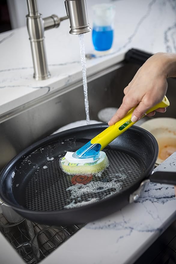 Scrub Daddy Dish Wand Scrubbing Brush with Handle, Soap Dispensing Dish Brushes, Texture Changing Washing Up Sponges With Liquid Dispenser, Scrubber with Scraper & Detachable Head Sponge, Blue
