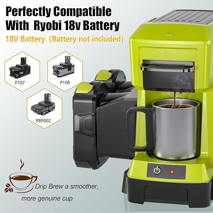 Taingwei Cordless Coffee Maker for Ryobi 18V Battery, Portable Drip Coffee Maker with Electric Coffee Grinder for RV, Camping, Travel, Car, Hiking (Battery Not Included)
