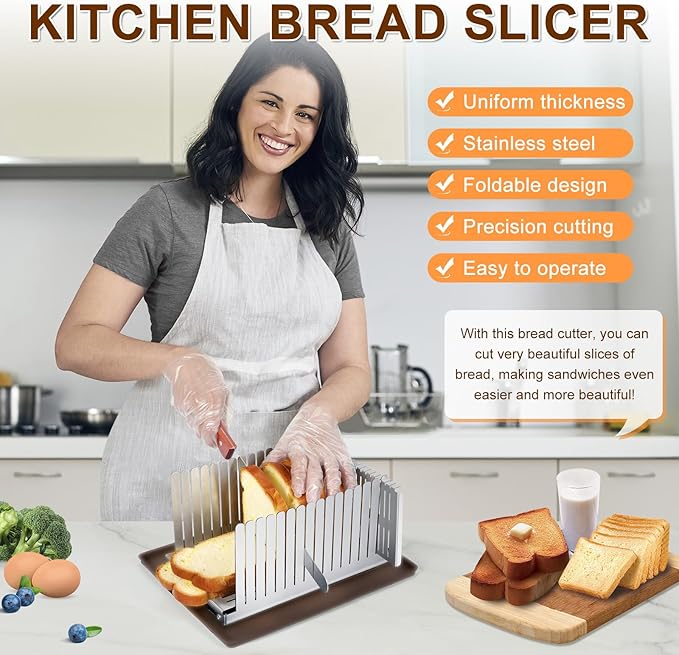 Stainless steel Bread Slicer for Homemade Bread,Adjustable Width,Foldable Compact,Bread Slicing Guide,Bread Loaf Slicer,for Cakes,Bagels,slice is 0.5",Bread width: 5.5"-8.3"(Silvers)