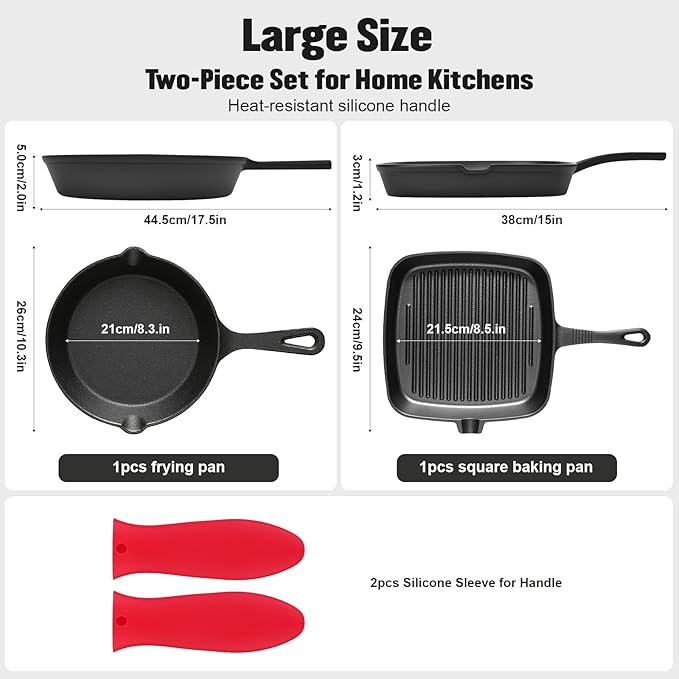 Pre-Seasoned Cast Iron skillets,2 Piece Durable Pots and Pans Set with Handle Covers for Grill, BBQ, Camping Fire, Stovetop, Kitchen and Camping Cookware