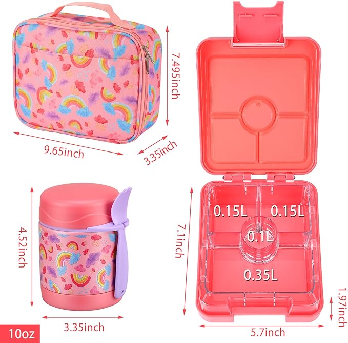 Howeemo Rainbow Bento Lunch Box Set, 25.36 oz Capacity, Stainless Steel Insulated Soup Thermo, Leak-proof Bento Box, Microwave and Dishwasher Safe