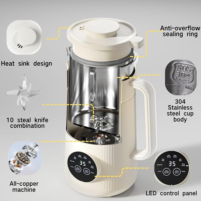 8 in 1 Nut Milk Maker Machine, 35oz（1L） Automatic Soy Bean Milk Maker with 10 Blades, Homemade Almond/Oat/Nut/Juice, Plant-Based Milk Blender, 12H Delay, Self-Cleaning, 2H Keep Warm and Boil Water
