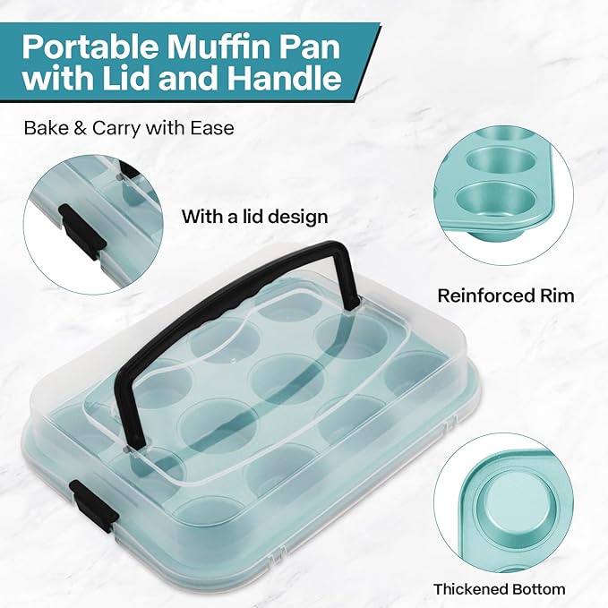 Blue 12-Cup Muffin Pan with Lid, 2-Pack Metal Cupcake Pan with Handle, Portable Blue Muffin Pans Nonstick 12 with Cover Ideal for Easy Carrying, Holiday, Party and Travel