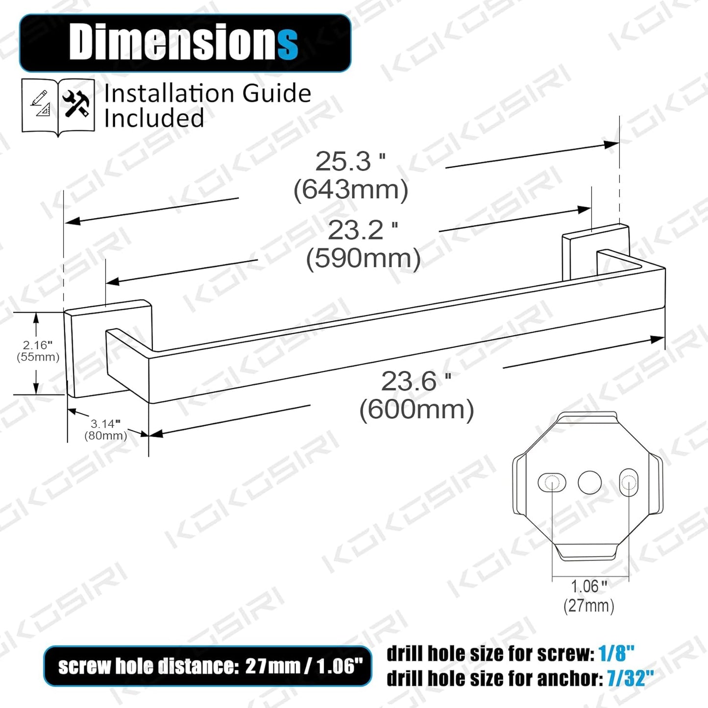 KOKOSIRI 24-Inch Towel Bar, Bathroom Kitchen Towel Holder, Wall Mounted SUS304 Stainless Steel Towel Rack 2 Pack, Polished Chrome, B4003CH-L24-P2