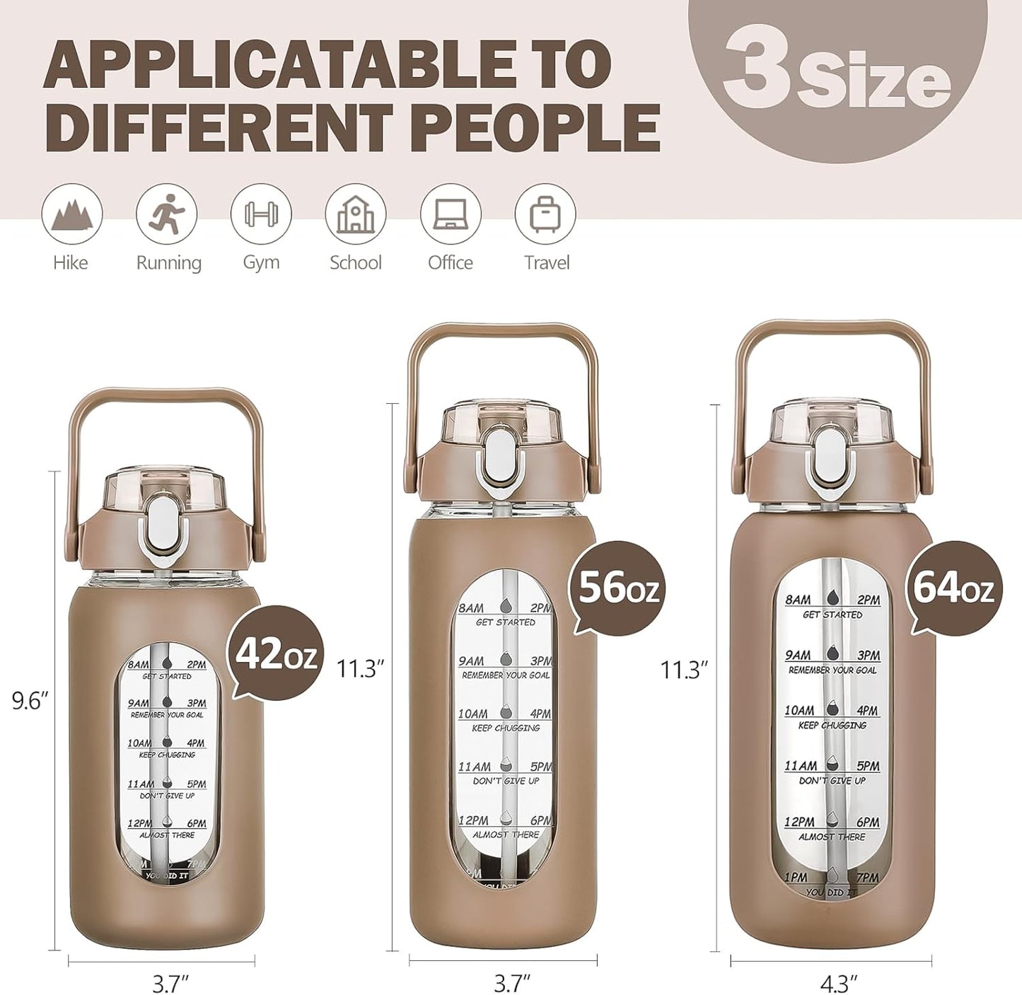 kytffu 56oz Glass Water Bottles with Straw, Motivational Glass Bottle with Silicone Sleeve and Time Marker, Leakproof Large Glass Water Jug for Gym Home Office,Amber