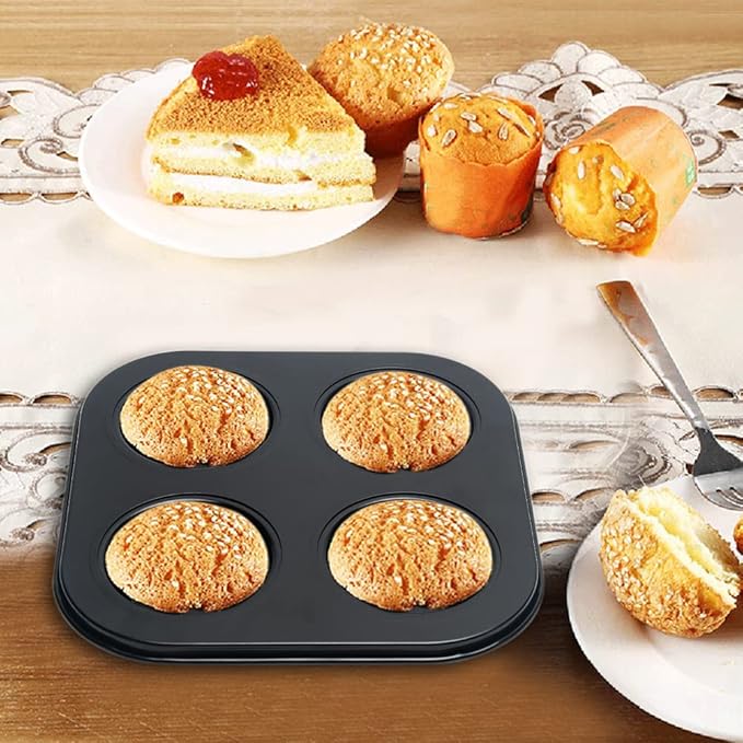 4 Cup Muffin Pan Mold - Non-Stick Cupcake Baking Tray/Tin - Carbon Steel Cake Mould For home, cafe bar and restaurant (Black)