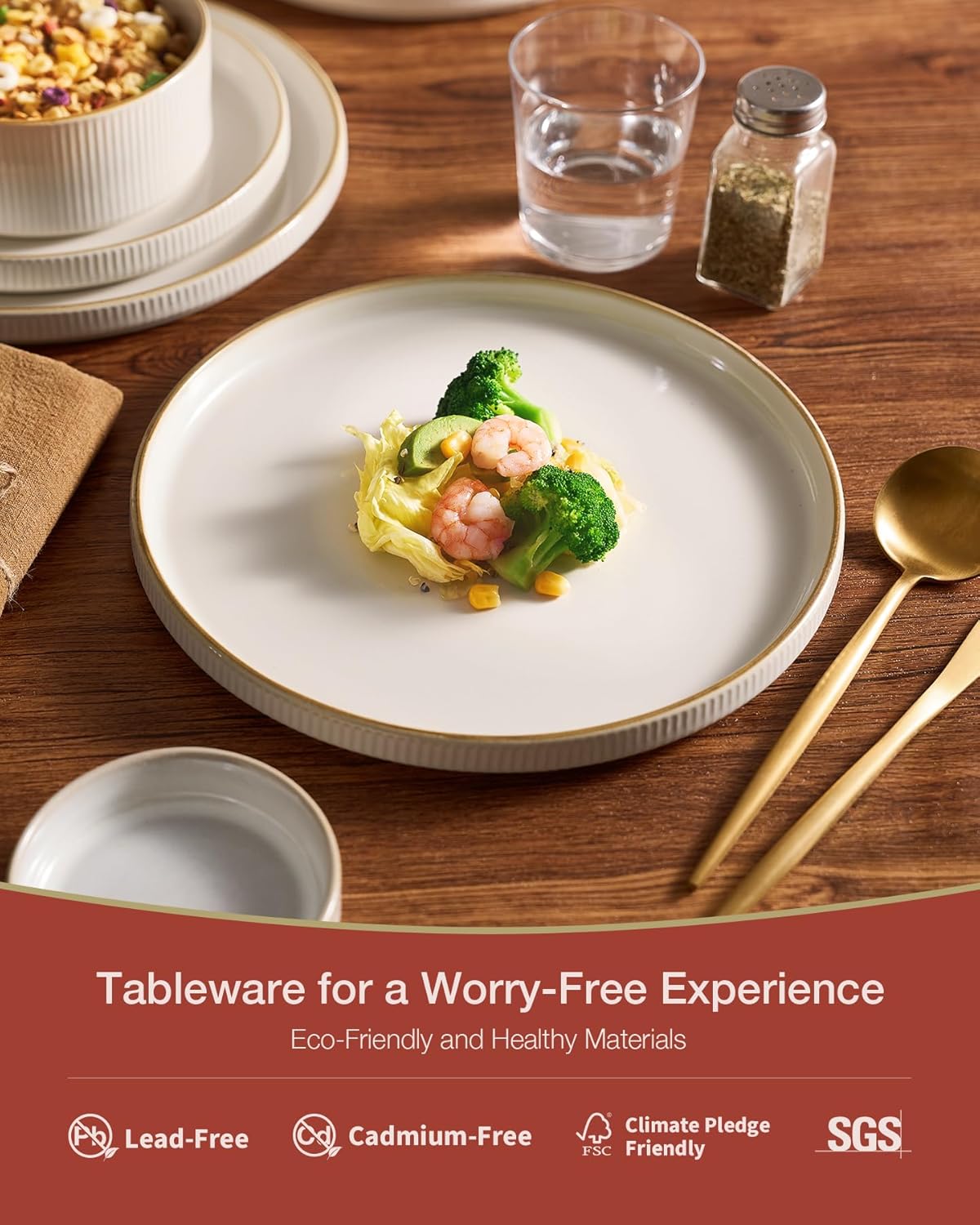 Famiware Star Dinnerware Set, Plates and Bowls Sets for 8 (24pcs), Ribbed Stoneware Dishes - Chip & Scratch Resistant, Microwave & Dishwasher Safe Tableware, Vanilla White