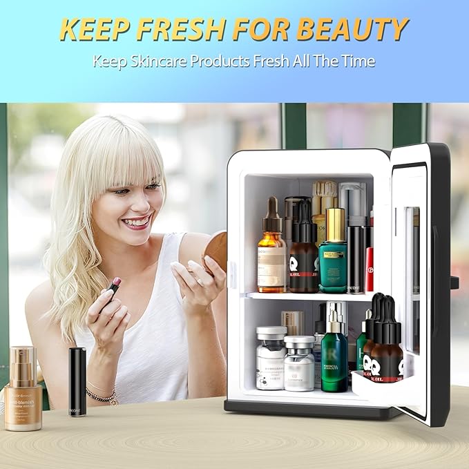 Mini Fridge, 15 Litre/21 Cans Small Fridge for Bedroom, Car, Office & Dorm, 110V AC/DC Portable Thermoelectric Cooler & Warmer for Skincare, Food, Drinks, Black