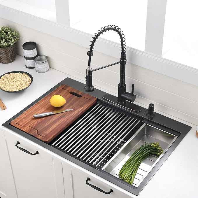 30 Inch Black Drop in Kitchen Sink Workstation -VOKIM 30 x 22 - Inch Drop in sink 16 Gage Stainless Steel TopMount sink Single Bowl 10'' Deep Kitchen Sink with Cutting Board