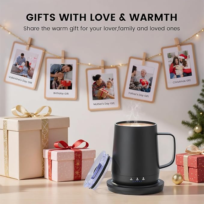 Smart Self Heating Coffee Mug,14oz Temperature Control Coffee Mug,Hot up to 150°F,Rechargeable Heated Coffee Mug,Up to 6H Battery Life,Coffee Cup Warmer,Great Gift for Coffee Lovers,Dad,Mom (Black)
