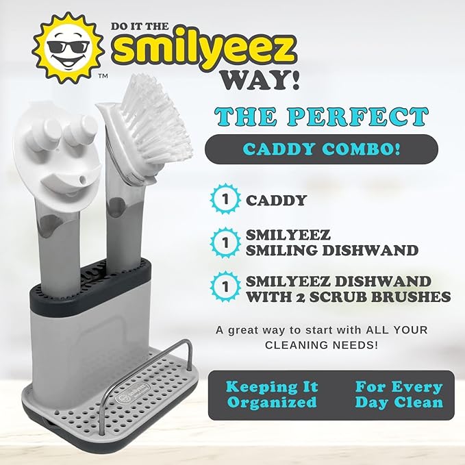The Original Smiling Handle with Soap Dispensing for Scrub Daddy Sponges & Scrub Moji Sponges with Smilyeez Smile Caddy & Dishwand with 2 Scrub Brushes (Black)