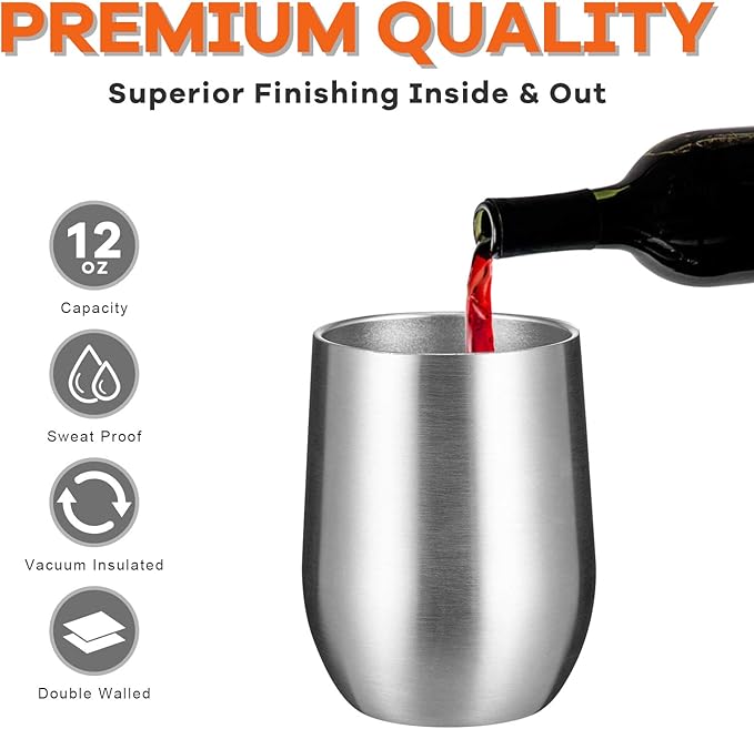 COMOOO 16 Pack 12oz Insulated Wine tumbler with Lid, Stainless Steel Stemless Wine Tumbler,Double Wall Vacuum Wine Tumbler Cups with Straw for Coffee, Cocktails,Beer,Champaign, Silver