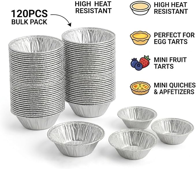 120 Pack 2.2" Mini Aluminum Foil Tart Pans, Small Disposable Pie Tins for Bite-Size Desserts, Mini Quiches & Fruit Tarts, Round Tiny Ramekins for Party, Catering, Wedding