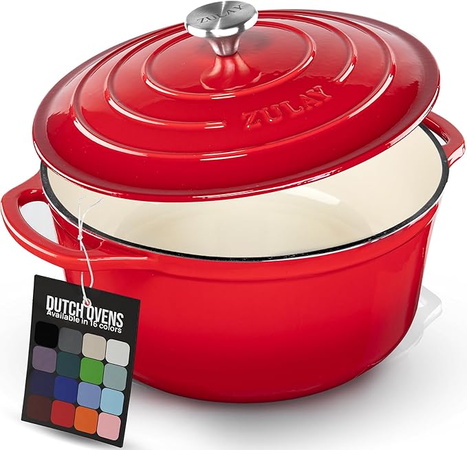 Zulay Kitchen 6.4 Quart Enameled Cast Iron Dutch Oven Pot with Lid – Premium Durability & Oven Safe up to 500°F – Heavy Duty Cookware Perfect for Bread Baking, Stews, Braising & Roasting - Ablaze Red