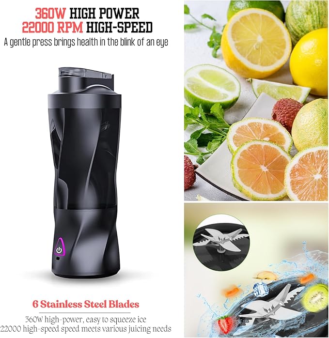 Portable Juicer Blender, USB Rechargeable Smoothie Maker with 6 Upgraded Blades and 6000mAh Battery, 700ml/24oz Capacity, Ideal for Smoothies, Protein Shakes, Travel and Office (White)