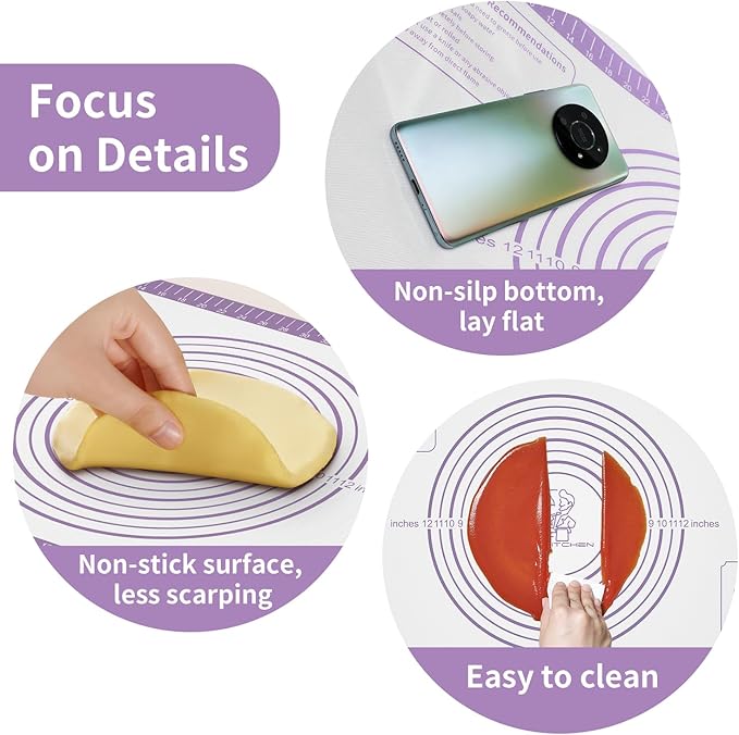 Non-stick Silicone Pastry Mat, Extra Large Silicone Baking Mat for Cookie Bread Pizza Pie Crust, Silicone Dough Mat for Rolling, Non-slip& Heat Resistant Purple 32X24 INCH