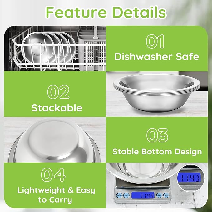 304(18/8) Stainless Steel Mixing Bowls for Kitchen, 10 Pack 7.8" 28.89 fl.oz Metal Mixing Bowls Set Stackable for Baking Serving Cooking Food Prep Storage Dishwasher Safe Lightweight