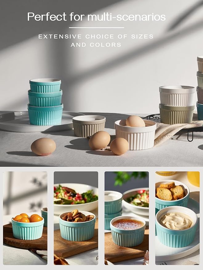 DOWAN Ramekins 6 oz Oven Safe - 6 oz Ramekins for Creme Brulee Souffle, Porcelain Ramekins for Baking, Classic Style Ramekins Bowls, Set of 6, Blue