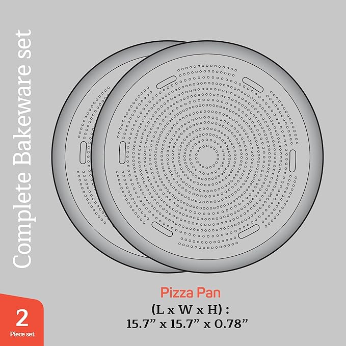 Emporio Kitchen Non-Stick Pizza Pan 2 Pack – 16 Inch Round Carbon Steel Pizza Tray with Perforated Holes, PFOAPFOSPTFE-Free, Dishwasher & Oven Safe Up To 450°F, Durable Nonstick Silver Coating