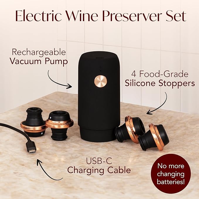 Rechargeable Electric Wine Opener and Electric Wine Preserver with Stoppers Gift Bundle Set (Black & Rose Gold)