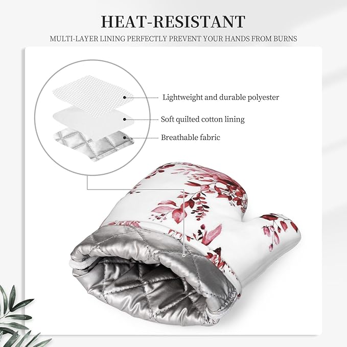 Burgundy Red Eucalyptus Oven Mitts and Pot Holders Set, 4pcs Silicone Watercolor Plant Leaves with Floral Oven Glove for Kitchen Heat Resistant Oven Mitts and Potholders Non-Slip for Cooking
