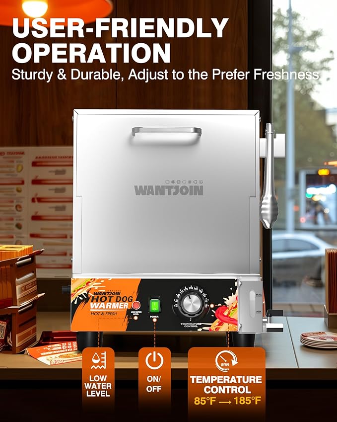 WantJoin Hot Dog Steamer Machine - 28.8QT Commercial Electric Stainless Steel Hotdog Machine with Bun Warmer Tempered Glass Steamer Machine for 160-175 Sausages and 30-40 Buns