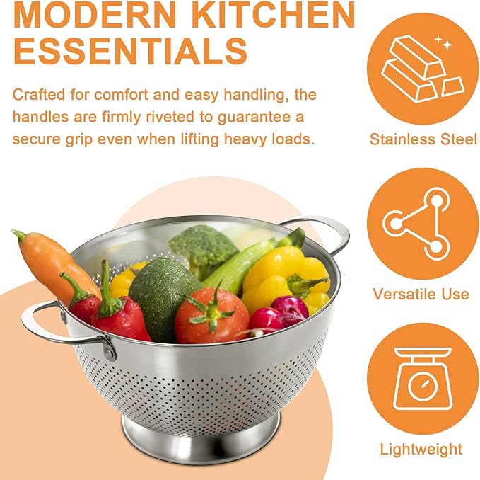 Stainless Steel Colander Set of 3 (1.5-3-5Quart) | Durable Rice and Pasta Strainer with Handle | Oversized Handles | Nesting Design | Rust-Resistant & Dishwasher Safe