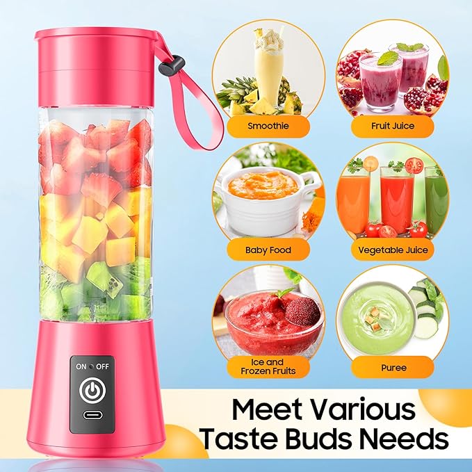 Portable Blender for Smoothies & Shakes - Cordless Personal Size Blender with 6 Blades, 380Ml Juice Cup, Lightweight & Rechargeable, Freshly Squeezed for Picnic/Sports/Office