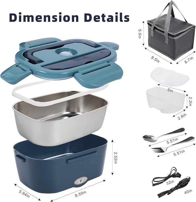 SOHIDA Electric Lunch Box, 12V/24V/110V Portable Food Warmer with SS Fork & Spoon for Car/Truck/Office, 80W Self Heating Lunch Box with 1.5L 304 Stainless Steel Container & 0.45L PP Fruit Box Blue