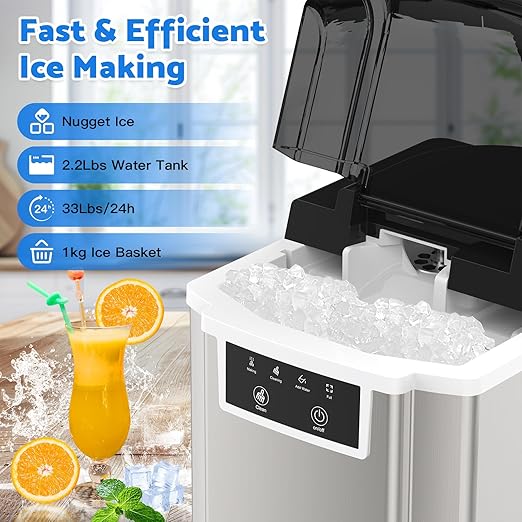 Countertop Ice Makers Machine with Basket and Scoop, 38Lbs/24h Soft Chewable Pellet Ice, One-Click Operation, Nugget Ice Maker for Home, Kitchen, Camping, RV, Office and Party,Sliver