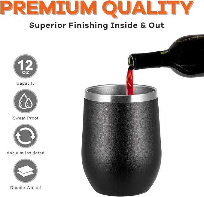 COMOOO 12oz Stainless Steel Drinking Cup - Bulk with Lid and Straw, Double Wall Vacuum Insulated, for Hot and Cold Drinks, Coffee, Cocktails, Black, 8 Pack