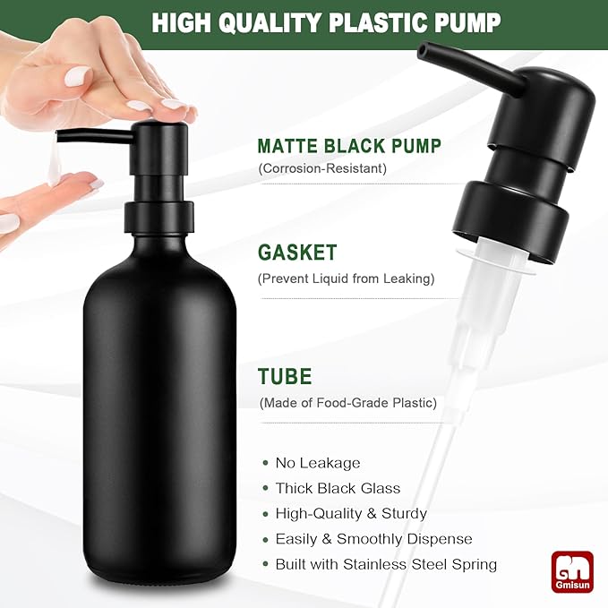 GMISUN Kitchen Soap Dispenser Set, 17 fl oz Dish Soap Dispenser with Ceramic Tray & Bamboo Brush for Kitchen, 2Pcs Matte Black Glass Hand and Dish Soap Dispenser Set, Refillable Soap Bottle Set