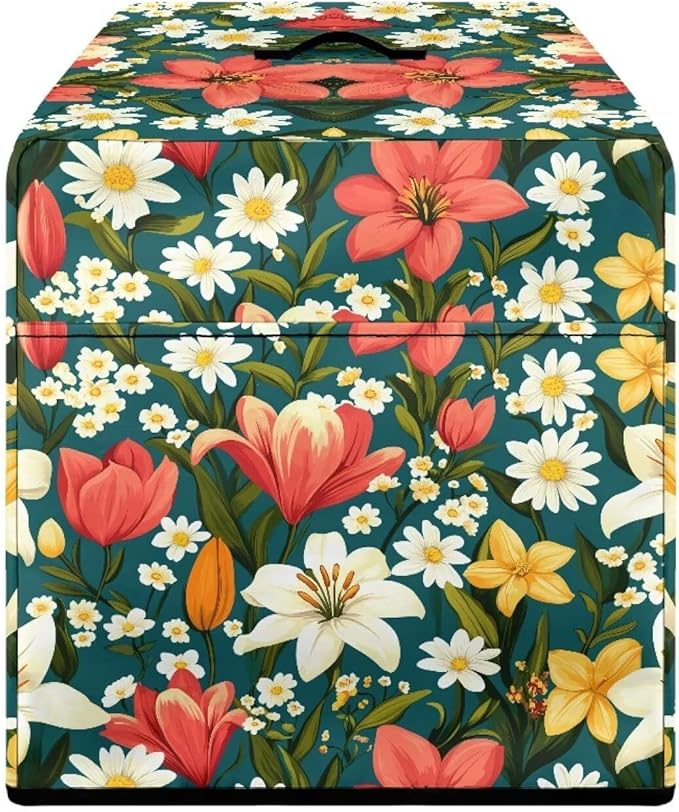 Red White Lily Flower Print Meat Slicer Cover, Food Slicer Cover,With Organizer Side Pocket for Accessories, Such as Stainless Steel Blade, Brush,etc Waterproof Fabric, Easy to Clean