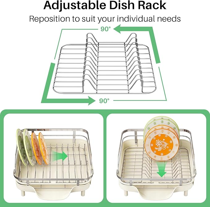 SAYZH Dish Drying Rack - Expandable Dish Rack for Kitchen Counter, Rust-Resistant Dish Drainer with Utensil Holder and Raised Guardrail, Kitchen Organizer for Cup and Bottle (Beige)