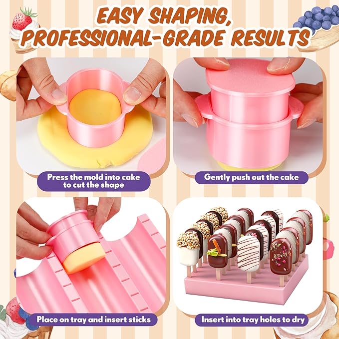 1 Set Cutter, Cake Pop Mold, Cake Pop Cutter and Pusher Press Set with Tray and 3 Types of Packaging Accessories, Baking Tools for Home, Birthday, Parties, Wedding Desserts(2 Pcs,Cakesicle)
