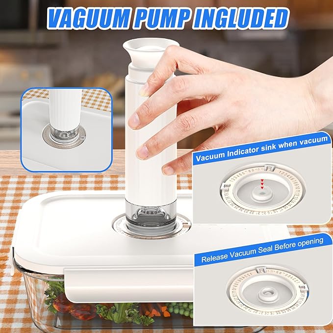 Vacuum Sealer & Food Storage Container for Food, Vacuum Sealer for Food + 3 Glass Vacuum Containers |Rectangle [21 Oz/35 Oz/50 Oz]+ 10 Reusable Food Saver Sealer Bags,For Freezer, Meal Prep