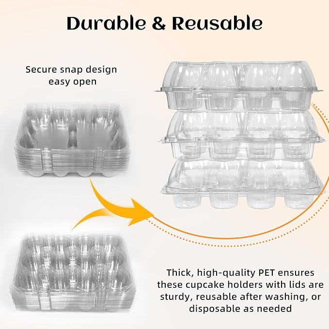 WIKDAY 12 Count x 25 Sets Plastic Cupcake Containers, Durable and BPA-Free Cupcake Holder with Lid for Easy Transport Storage, Stackable Clear Cupcake Carriers, Reusable Dessert Boxes
