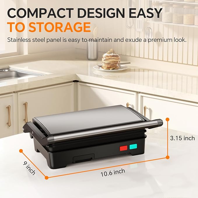 Panini Press Grill, 1000W Sandwich Maker with Non-Stick Coated Plates, Opens 180 Degrees for Any Size of Food, 3-in-1 Sandwich Press Electric Grill, Stainless Steel Surface and Removable Drip Tray