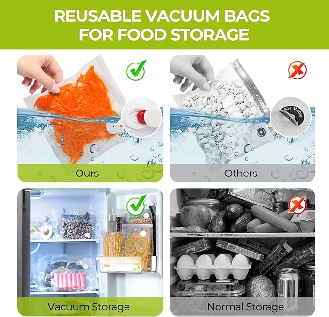 Reusable Vacuum Sealer Bags for Food with Air Valve, 30 Pack BPA‑Free Food Saver Bags Dishwasher‑Safe, Freezer,Microwave, Odor-Resistant, Leak‑proof for Leftovers, Meal Prep, Sous Vide, BBQ