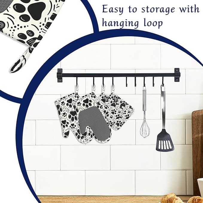 Dog Paw Potholders & Oven Mitts Sets Cat Footprint Paw Prints Silicone Heat Resistant Oven Mits and Hot Pads Non-Slip Pot Holders Gloves for Kitchen Chef Cooking Baking Grilling BBQ