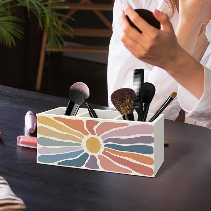 Boho Colorful Sun Sunshine Wooden Utensils Holder, Abstract Mid Century Modern Sun Wood Cooking Utensil Holder Organizer for Kitchen Countertop Counter Decor Accessories