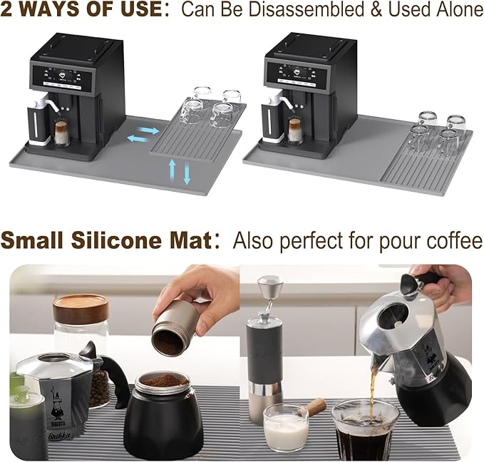 3-Pack Silicone Coffee Mat Set, 24" x 16" Coffee Bar Mat for Countertop with Separable Small Drying Mat and Espresso Tamping Mat, Fit Under Coffee Maker Espresso Machine, Gray