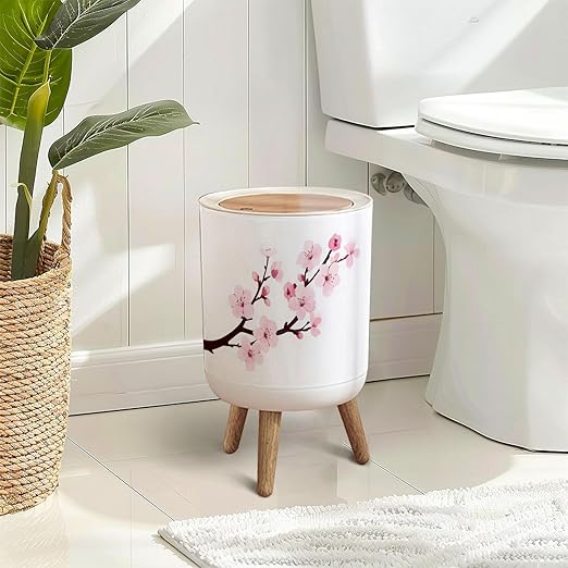 Trash Can with Lid Cherry Blossom Spring Flower Japan Press Top Round Small Garbage Bin with Wooden Legs Waste Basket for Kitchen Bedroom Nursery 7L/1.8 Gallon