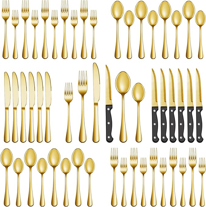 36 Pcs Gold Silverware Set with Steak Knives, Stainless Steel Flatware Cutlery Set Service for 6, Kitchen Tableware Sets, Utensil Sets for Home and Restaurant, Knives Forks Spoon, Dishwasher Safe