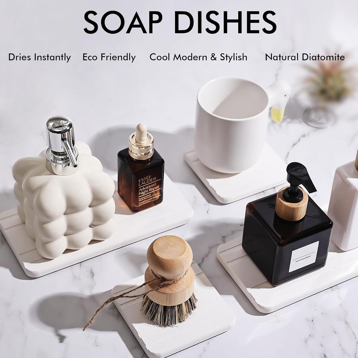 evory Set of 4 Water Absorbent Diatomite Tray, Kitchen Soap,Diatomaceous Earth Bathroom Soap Dishes,Sponge Holder for Kitchen Sink, Water Absorbing Stone for Sink Bathtub Vanity