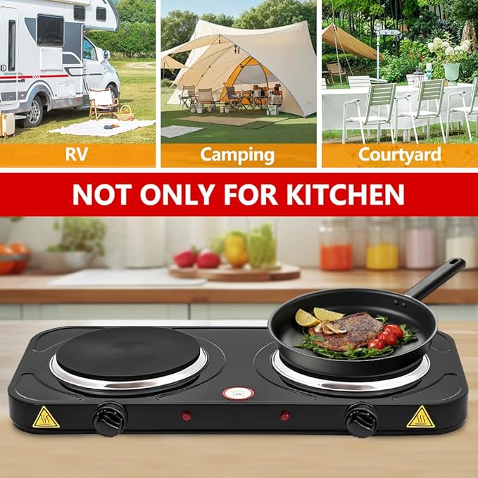 Electric Countertop Burner, Double Burner, 2000W Induction Cooktop, Portable Electric Hot Plate, 5 Level Adjustable Temperature Control Cooking Ranges for Home Dorm Camping Cooking（Black Disk）
